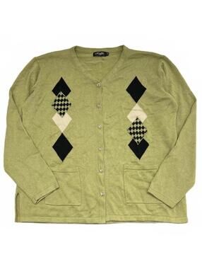 Vintage Moffi Green Cardigan With Diamond Argyle Pattern Sz L Retro Grunge